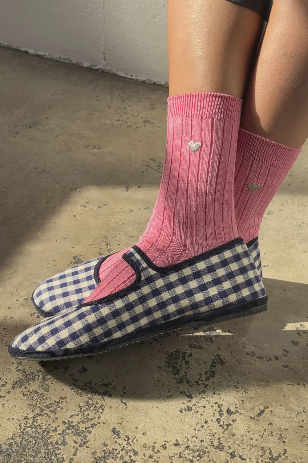 Embroidered Her Socks - Mercerized Combed Cotton Rib - Pink Water & Heart