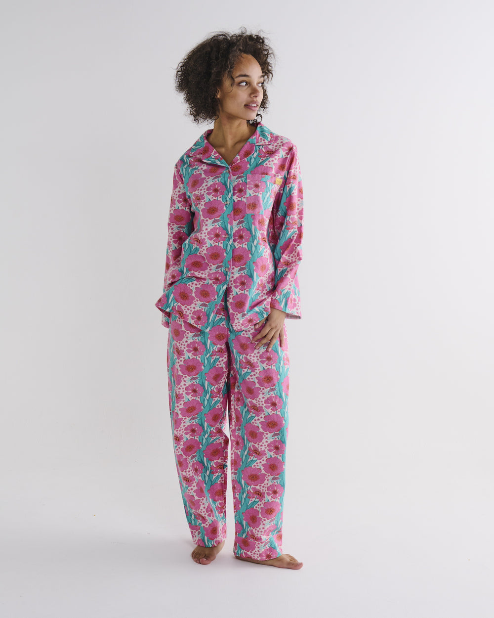 Tumbling Flowers Pink Flannelette Long Sleeve Shirt & Pant Pyjama Set