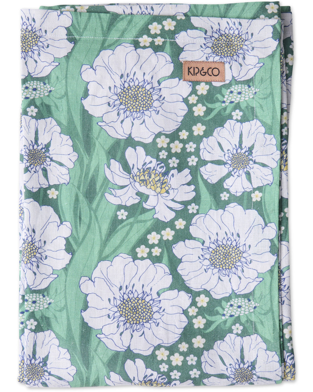 Tumbling Flowers Green Linen Tablecloth Large Rectangular