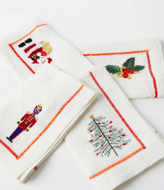 Noel Embroidered Linen 4P Napkin Set One Size